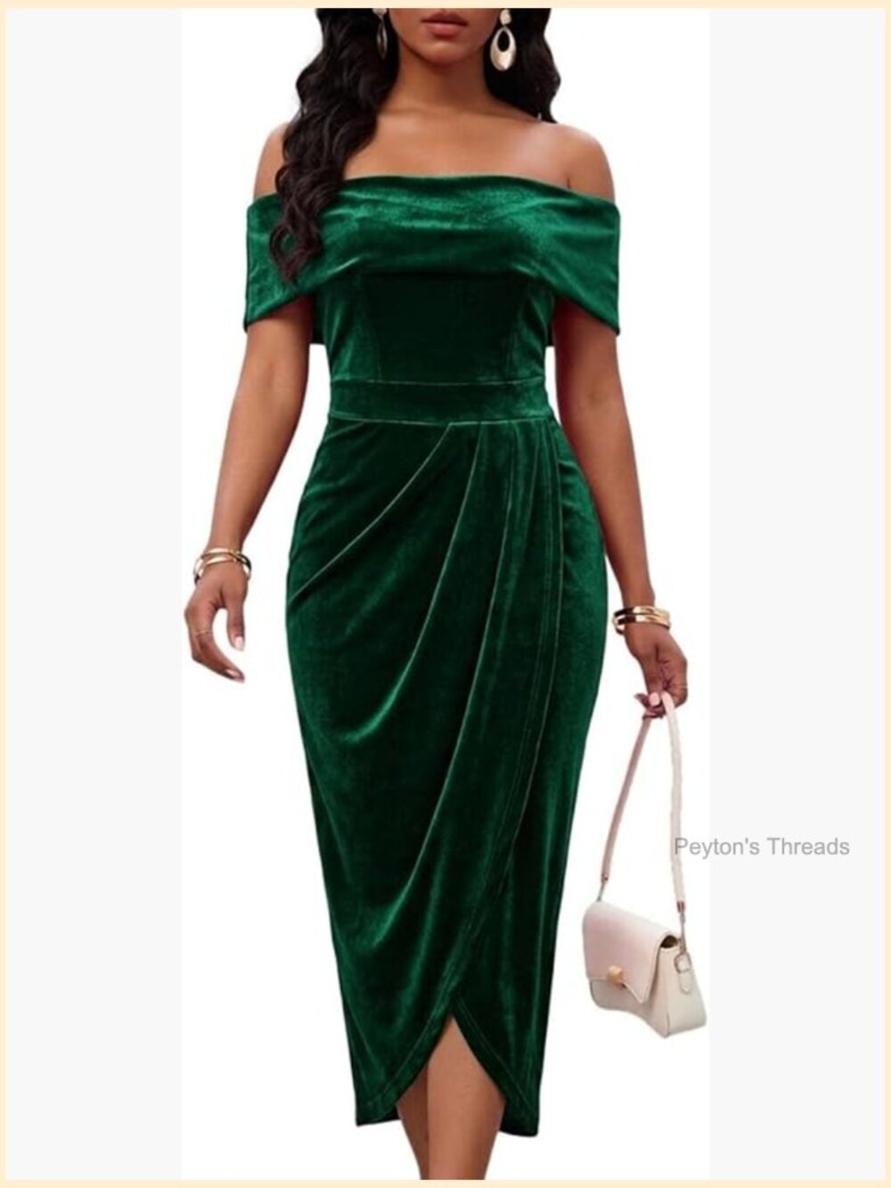 Off Shoulder Velvet Midi Dress - Asymmetrical Hem Bodycon